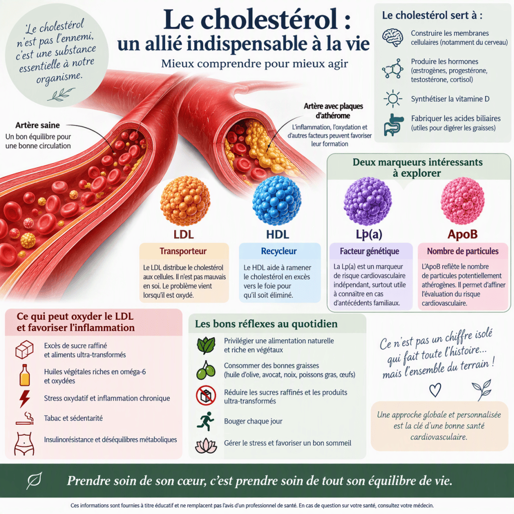 Infographie sur le cholestérol, illustrant son rôle essentiel dans le corps humain, avec des informations sur les types de cholestérol (LDL, HDL) et des conseils pour maintenir une bonne santé cardiovasculaire.